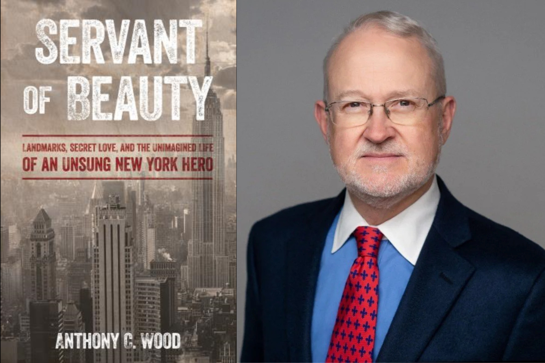 A book cover featuring the New York City landscape and a separate photo of a man smiling in front of a grey background